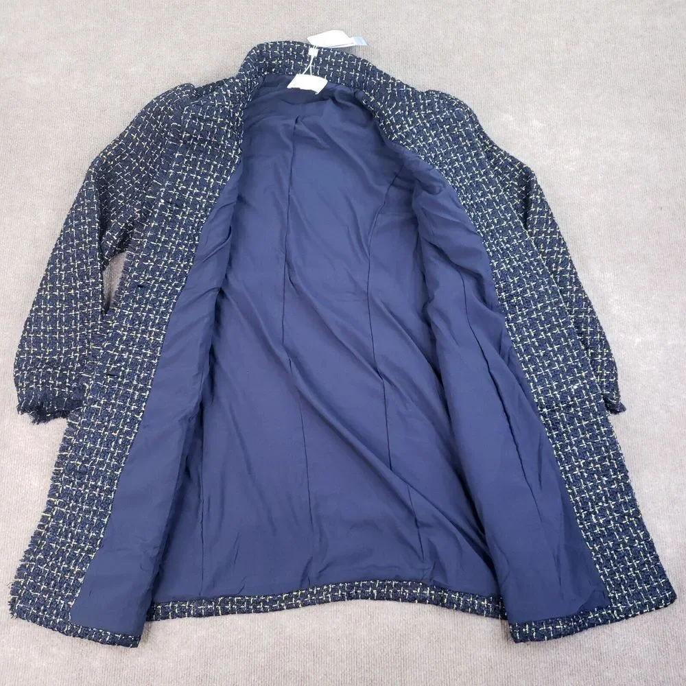 Sail to‎ Sable Tweed Coat Womens Size Large Long Blue Gold Button Front Sequence